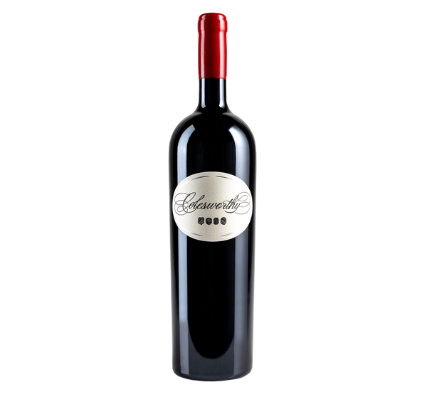 A bottle of 2012 schrader colesworthy cabernet sauvignon on a grey background
